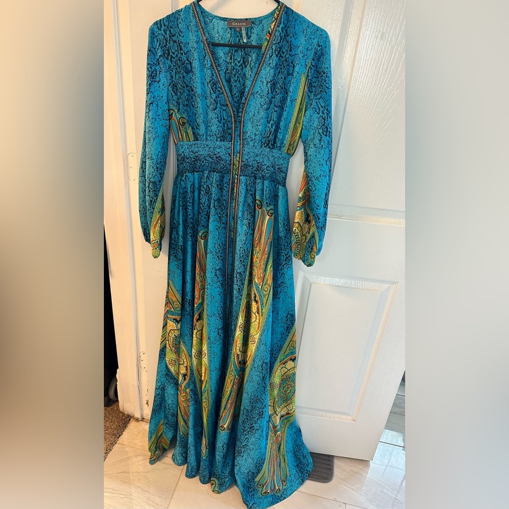 Women’s long sleeve maxidress, aqua with Paisley pattern size small